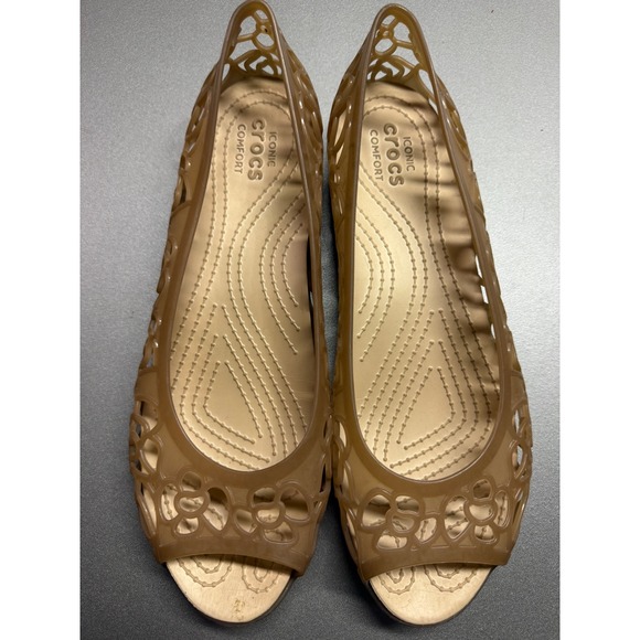 CROCS Shoes - Crocs Isabella Jelly Flats Bronze Tan Floral Cutout Open Toe Sandals Womens 10